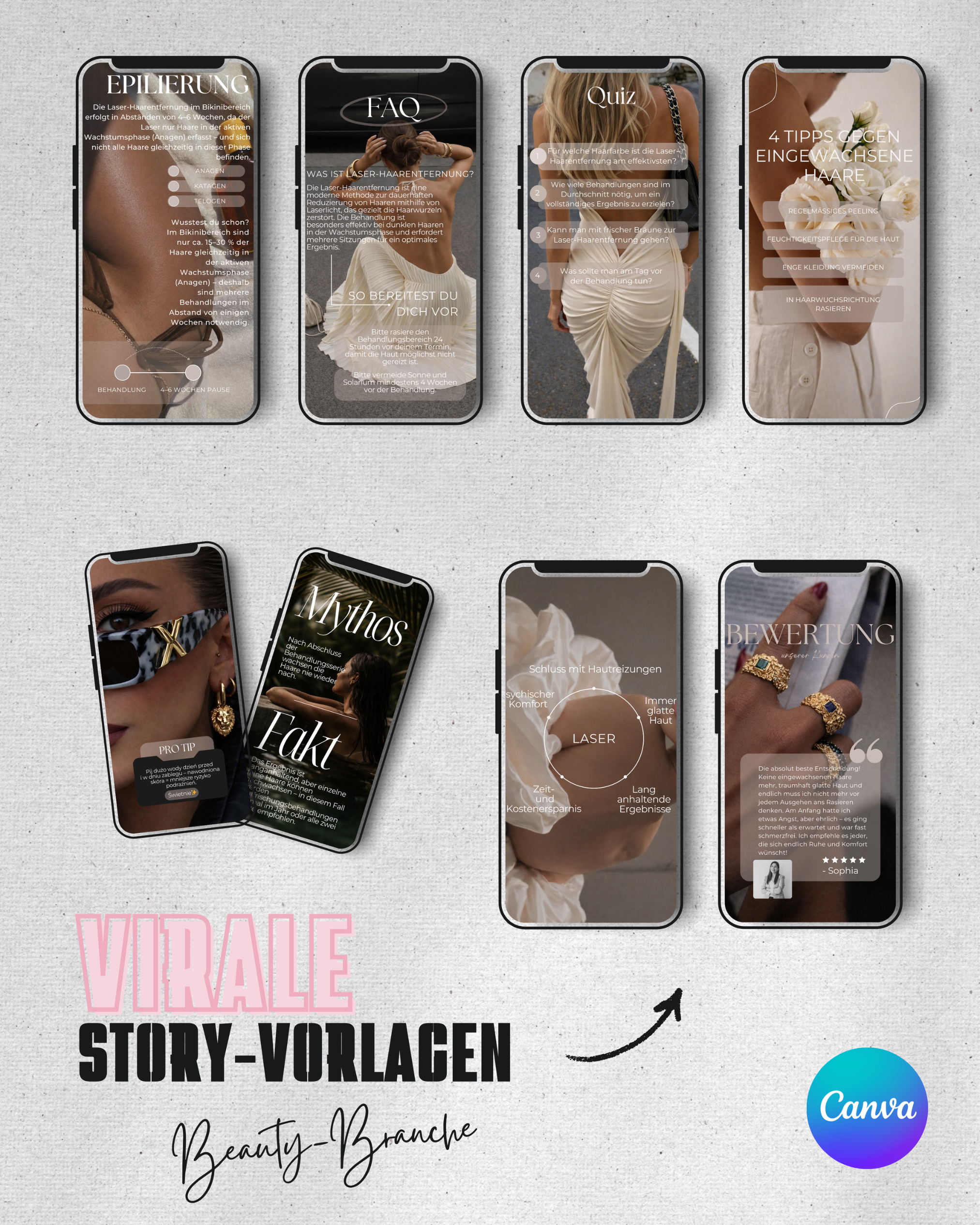 Paket: 30 editierbare virale Stories für Beauty-Profis